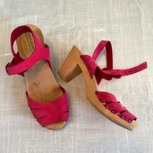 Pink Moheda Leather and Wood Clogs - Picture 1 of 5